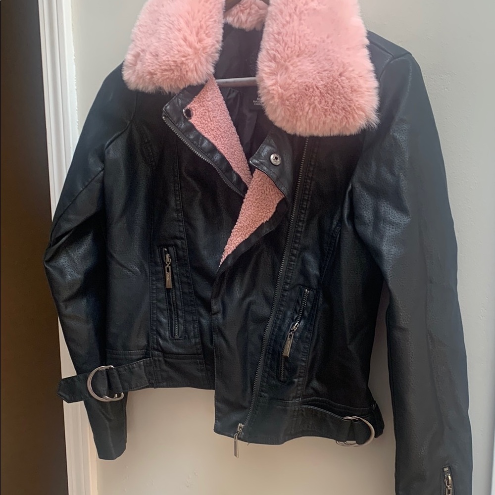 Jou Jou Black Jacket with Pink Faux Fur Collar